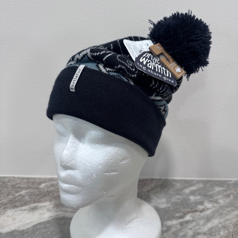Turtle Fur Project Warmth Beanie Hat Pom Pom Black Blue Mountain Topo Knit NWT